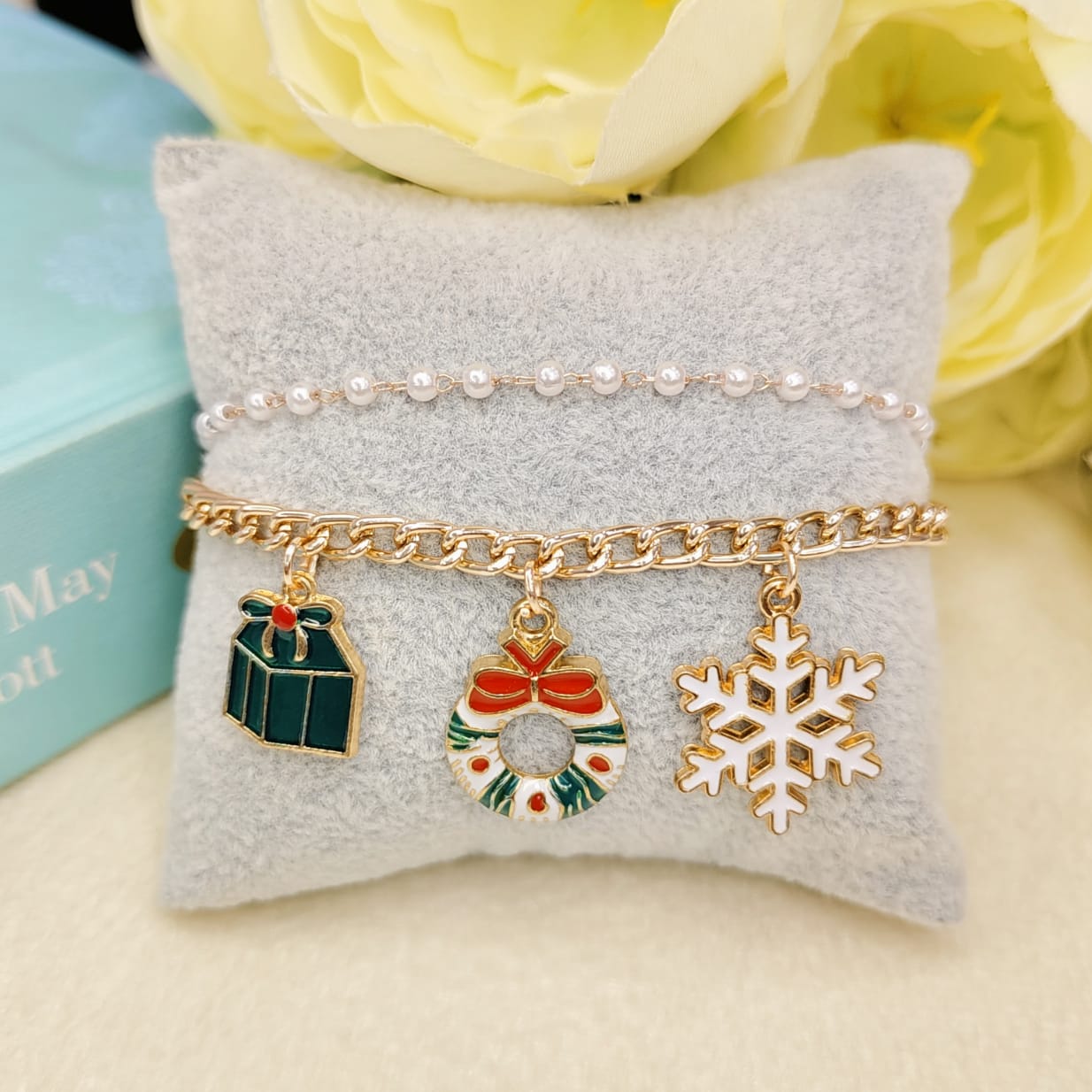 Rose Golden Three Charms Combo Christmas 2-Layer Bracelet (Design 6A)