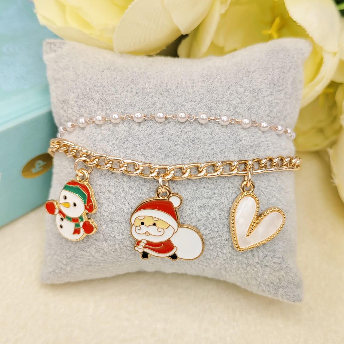 Rose Golden Three Charms Combo Christmas 2-Layer Bracelet (Design 1A)