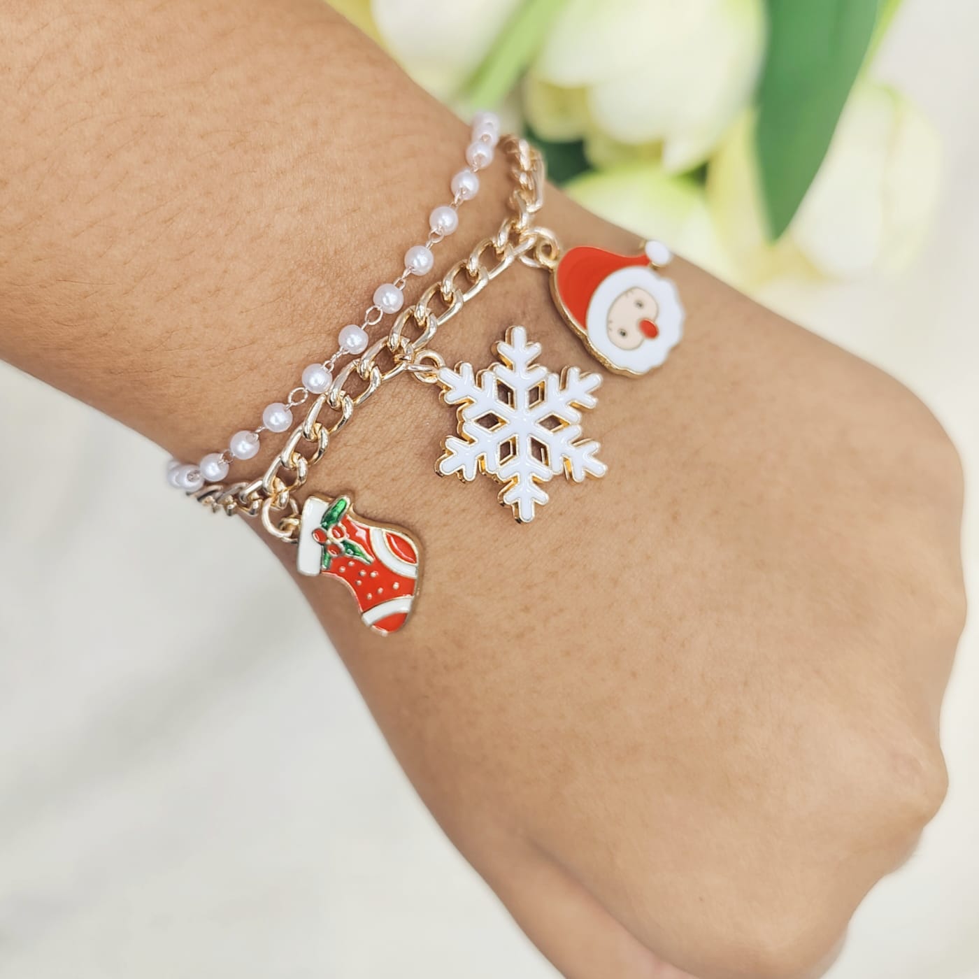 Rose Golden Three Charms Combo Christmas 2-Layer Bracelet (Design 26A)