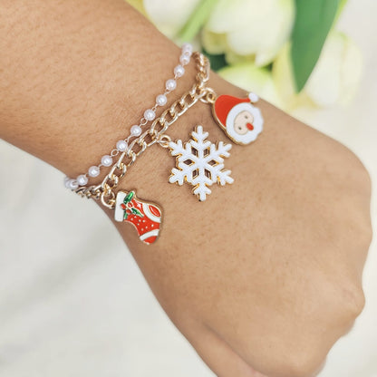Rose Golden Three Charms Combo Christmas 2-Layer Bracelet (Design 26A)