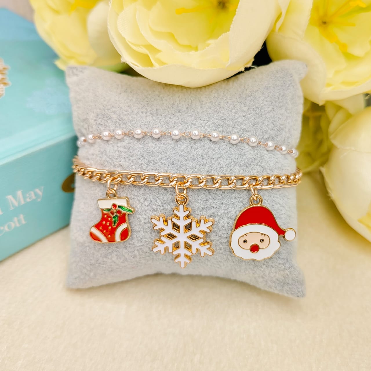 Rose Golden Three Charms Combo Christmas 2-Layer Bracelet (Design 26A)