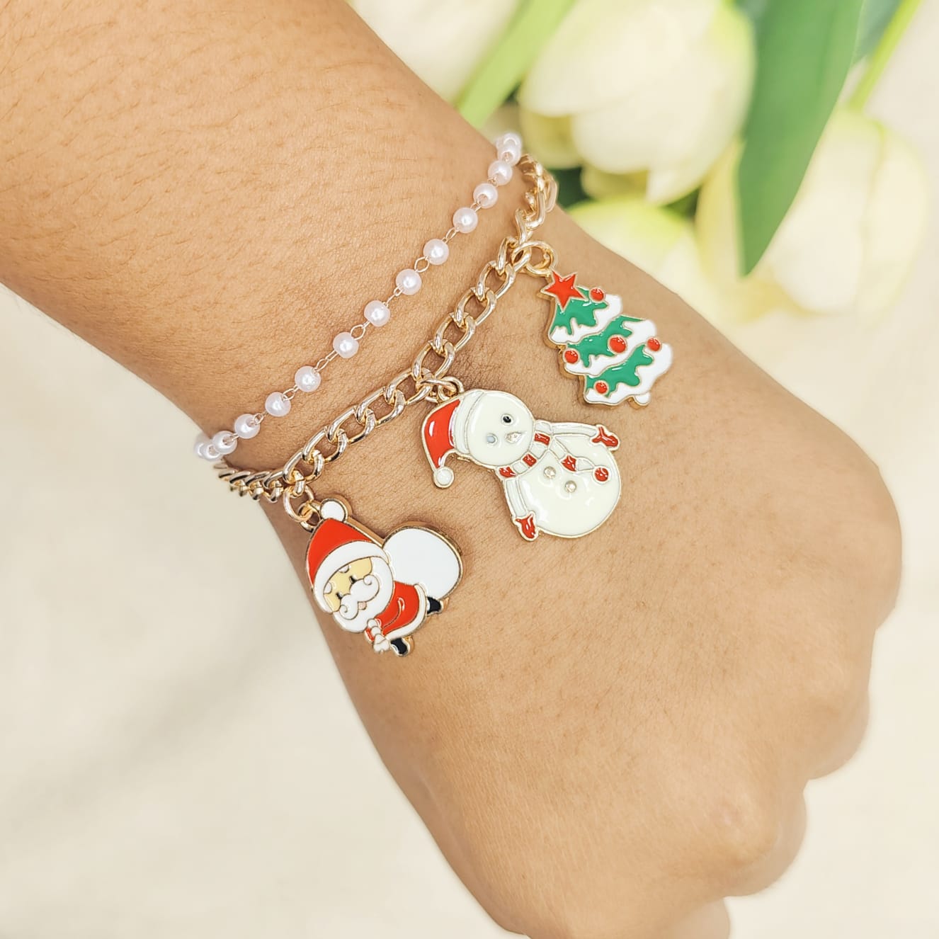 Rose Golden Three Charms Combo Christmas 2-Layer Bracelet (Design 4A)