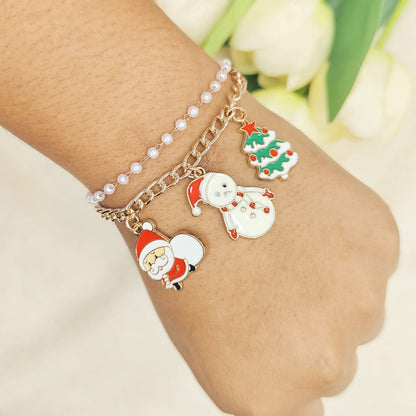 Rose Golden Three Charms Combo Christmas 2-Layer Bracelet (Design 4A)