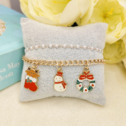Rose Golden Three Charms Combo Christmas 2-Layer Bracelet (Design 5A)