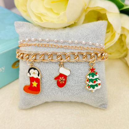 Rose Golden Three Charms Combo Christmas 3-Layer Bracelet (Design 9B)
