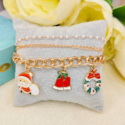 Rose Golden Three Charms Combo Christmas 3-Layer Bracelet (Design 5B)