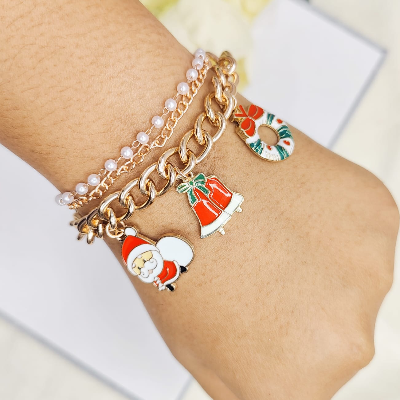 Rose Golden Three Charms Combo Christmas 3-Layer Bracelet (Design 5B)