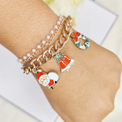 Rose Golden Three Charms Combo Christmas 3-Layer Bracelet (Design 5B)