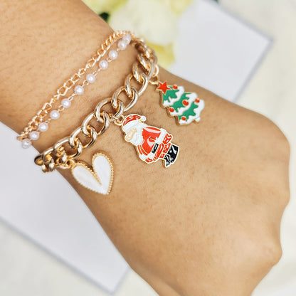 Rose Golden Three Charms Combo Christmas 3-Layer Bracelet (Design 1B)