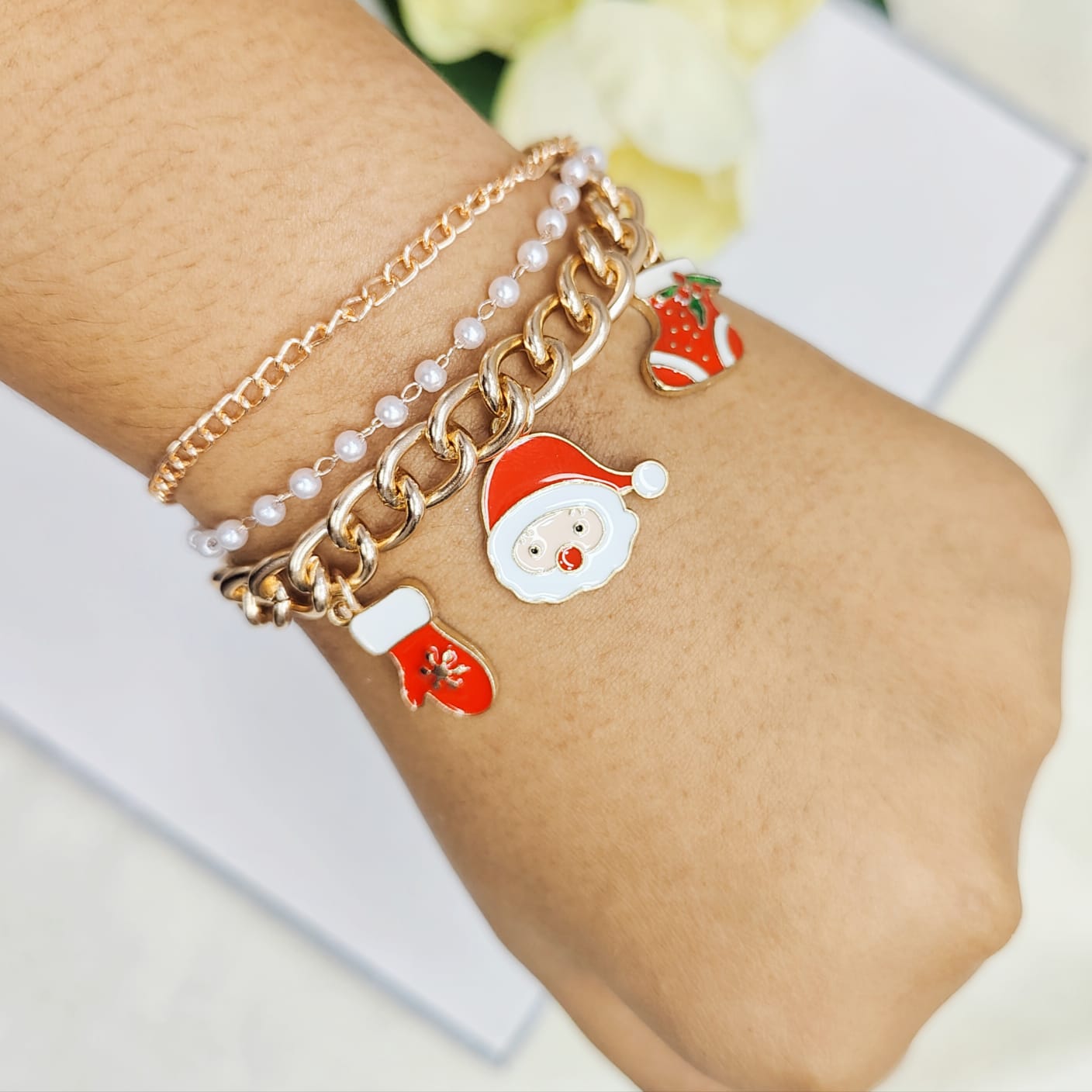 Rose Golden Three Charms Combo Christmas 3-Layer Bracelet (Design 12B)