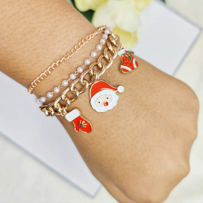Rose Golden Three Charms Combo Christmas 3-Layer Bracelet (Design 12B)
