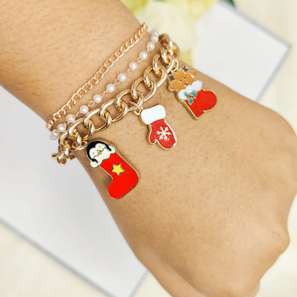 Rose Golden Three Charms Combo Christmas 3-Layer Bracelet (Design 4B)