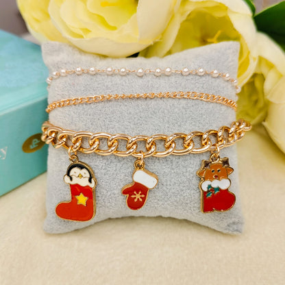 Rose Golden Three Charms Combo Christmas 3-Layer Bracelet (Design 4B)