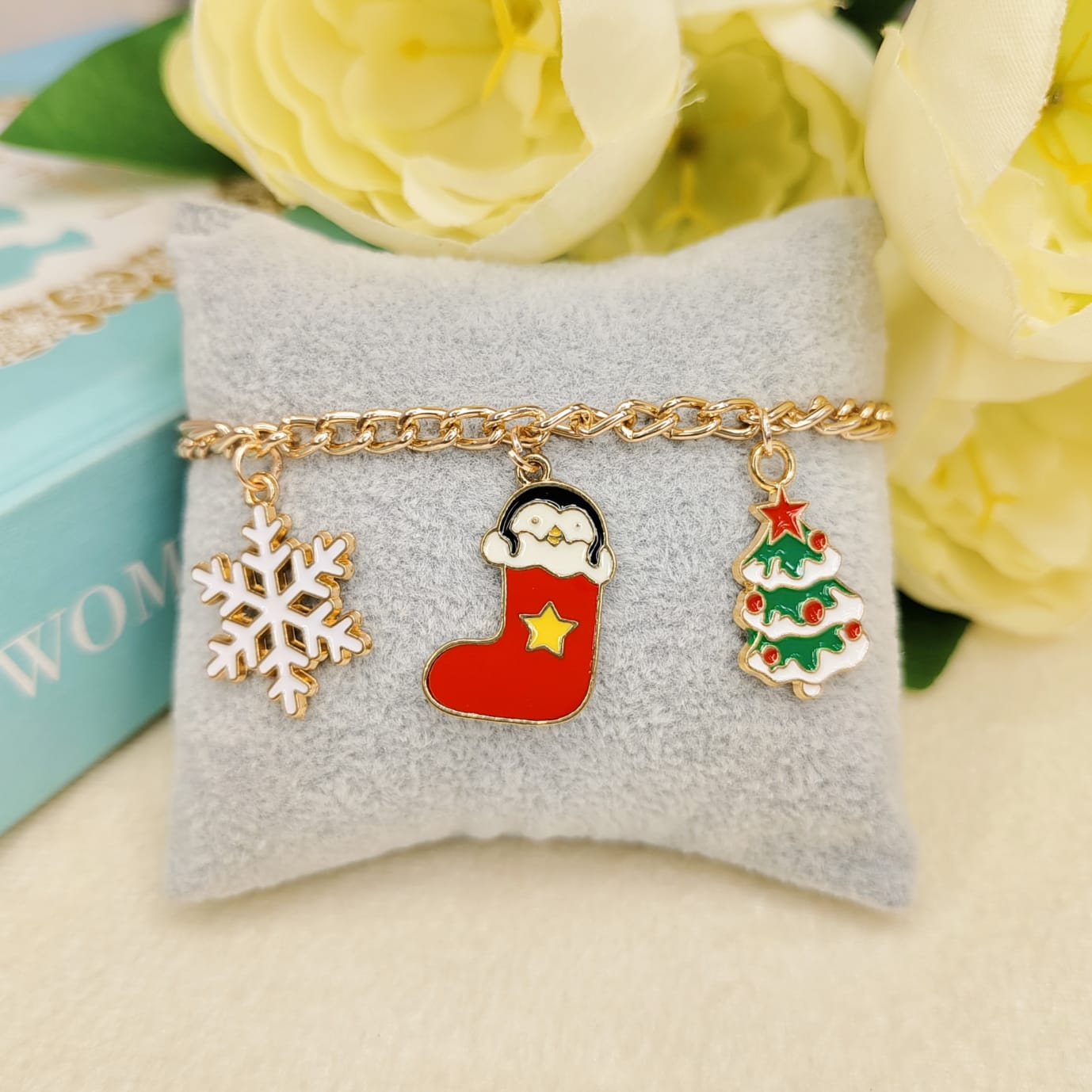 Rose Golden Three Charms Combo Christmas Bracelet (Design 27)