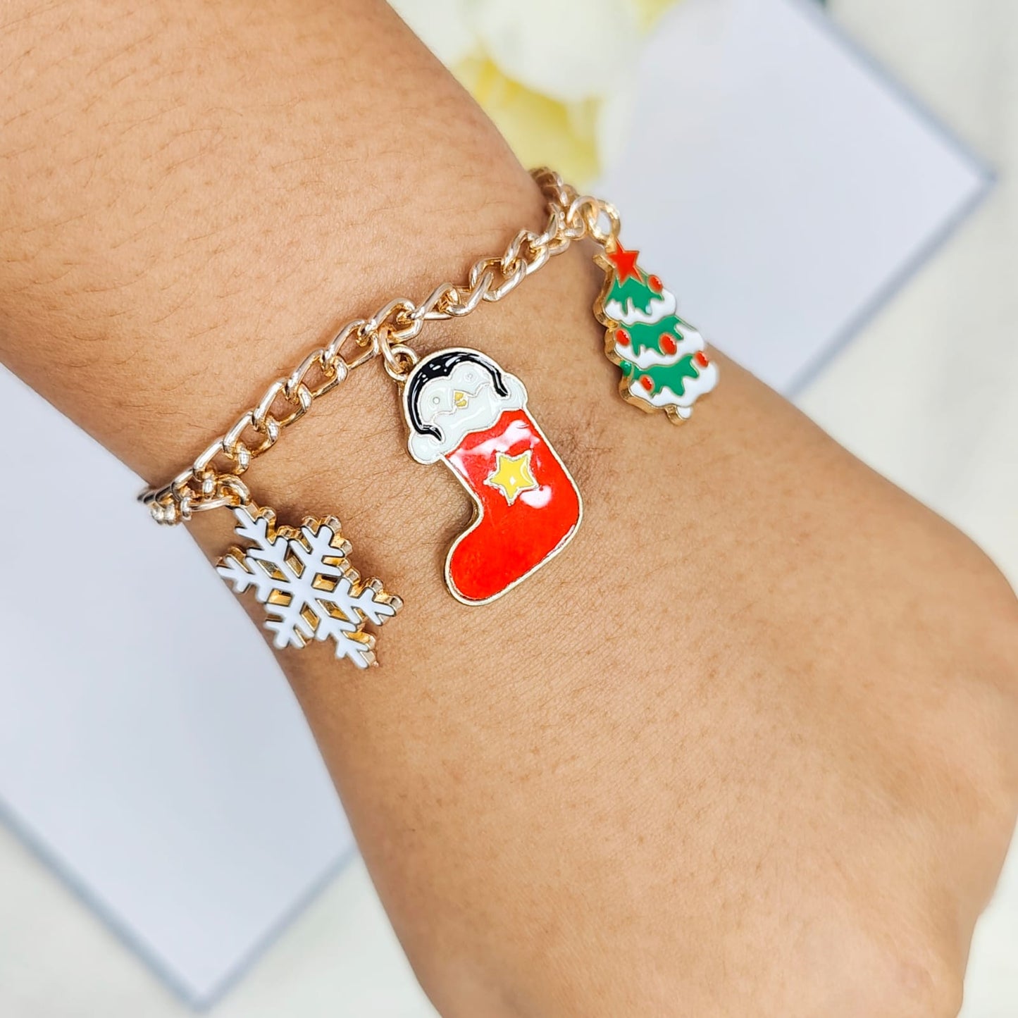 Rose Golden Three Charms Combo Christmas Bracelet (Design 27)