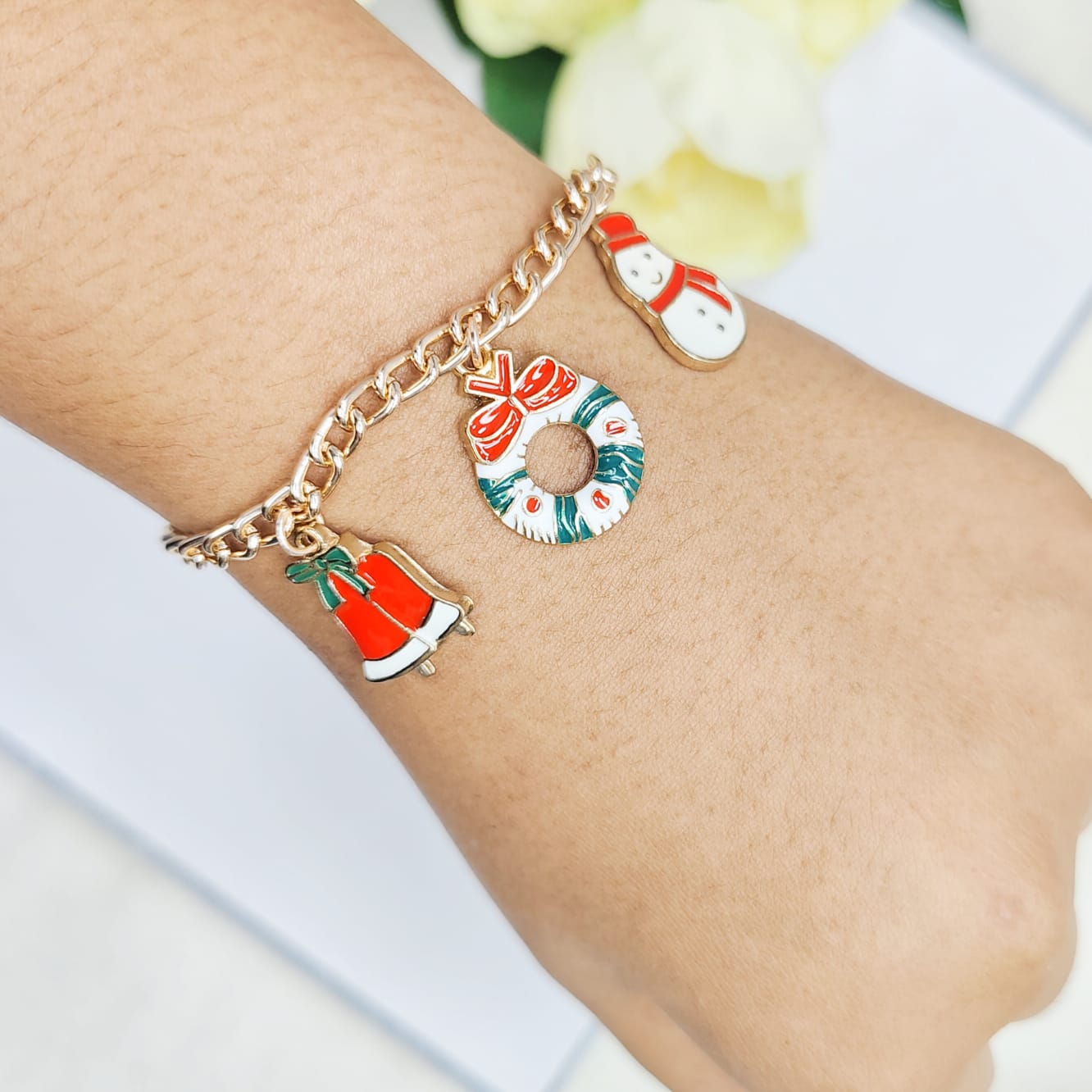 Rose Golden Three Charms Combo Christmas Bracelet (Design 7)