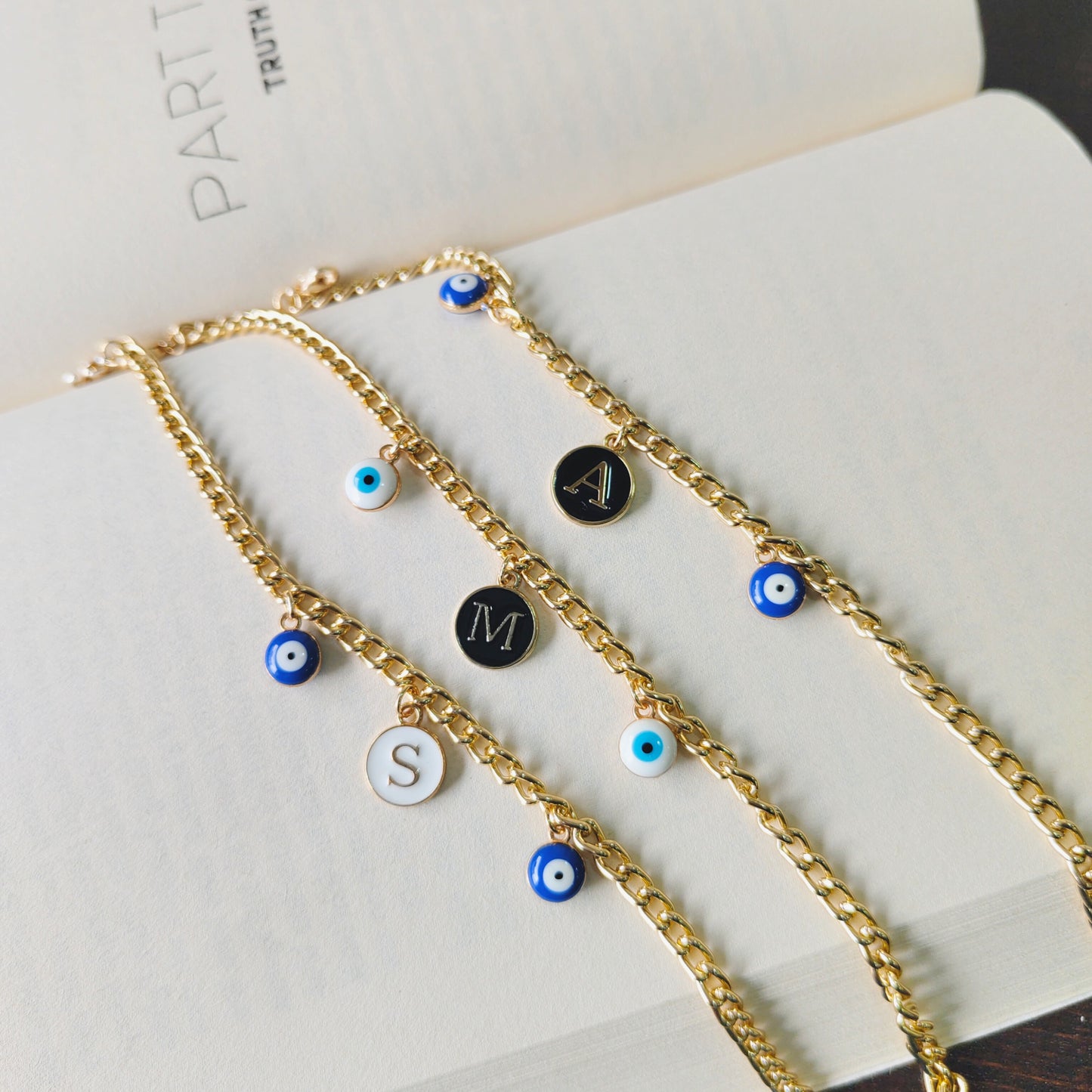 Personalized Initial Coin & Mini Evil Eye Bracelet for Women & Kids