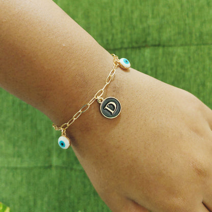 Personalized Initial Coin & Mini Evil Eye Paperclip Bracelet for Women & Kids