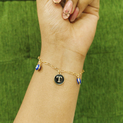 Personalized Initial Coin & Mini Evil Eye Paperclip Bracelet for Women & Kids