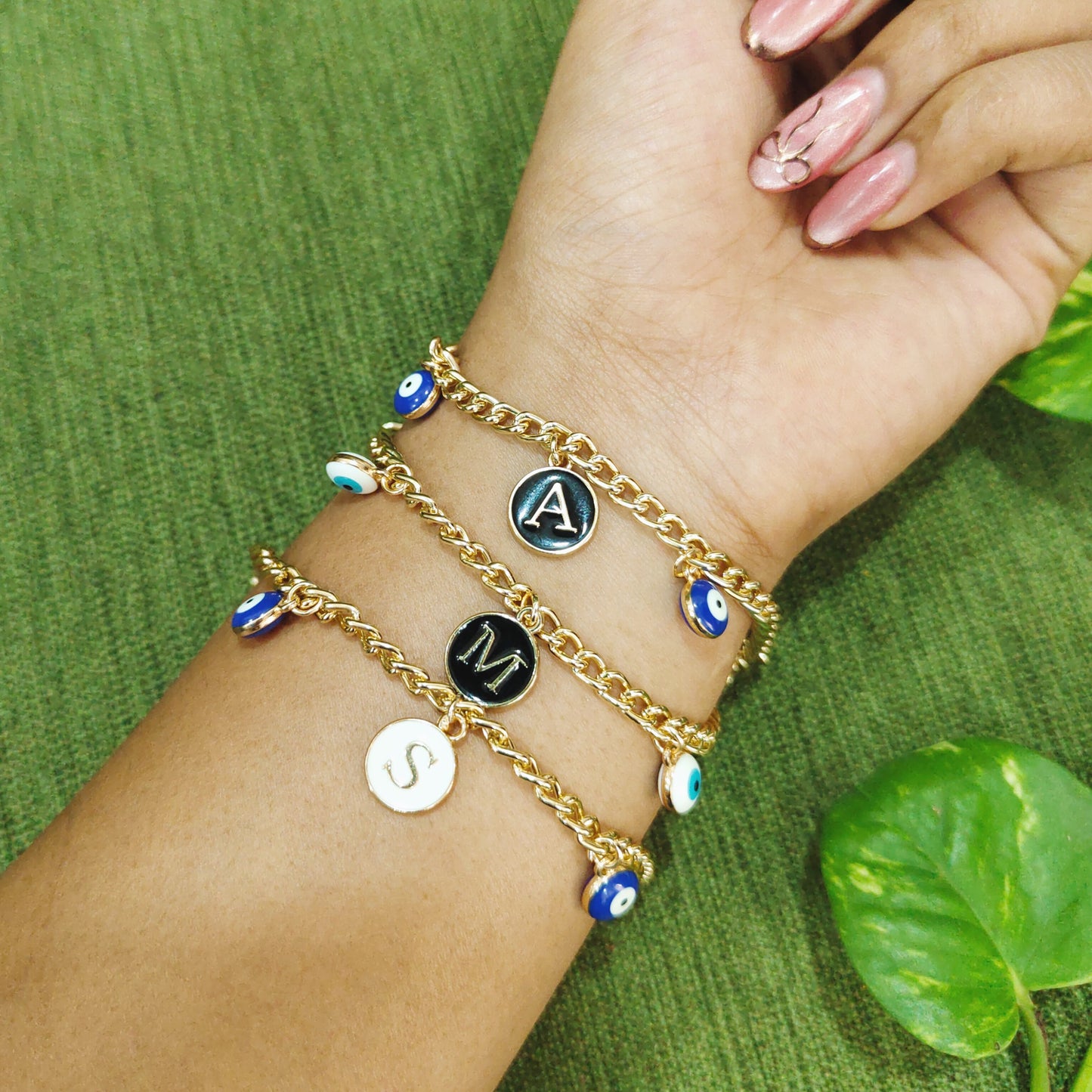 Personalized Initial Coin & Mini Evil Eye Bracelet for Women & Kids