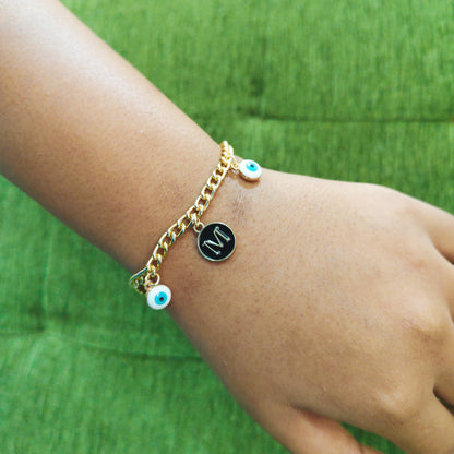 Personalized Initial Coin & Mini Evil Eye Bracelet for Women & Kids
