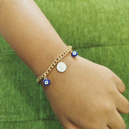 Personalized Initial Coin & Mini Evil Eye Bracelet for Women & Kids