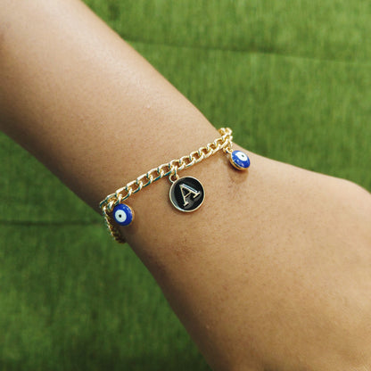 Personalized Initial Coin & Mini Evil Eye Bracelet for Women & Kids