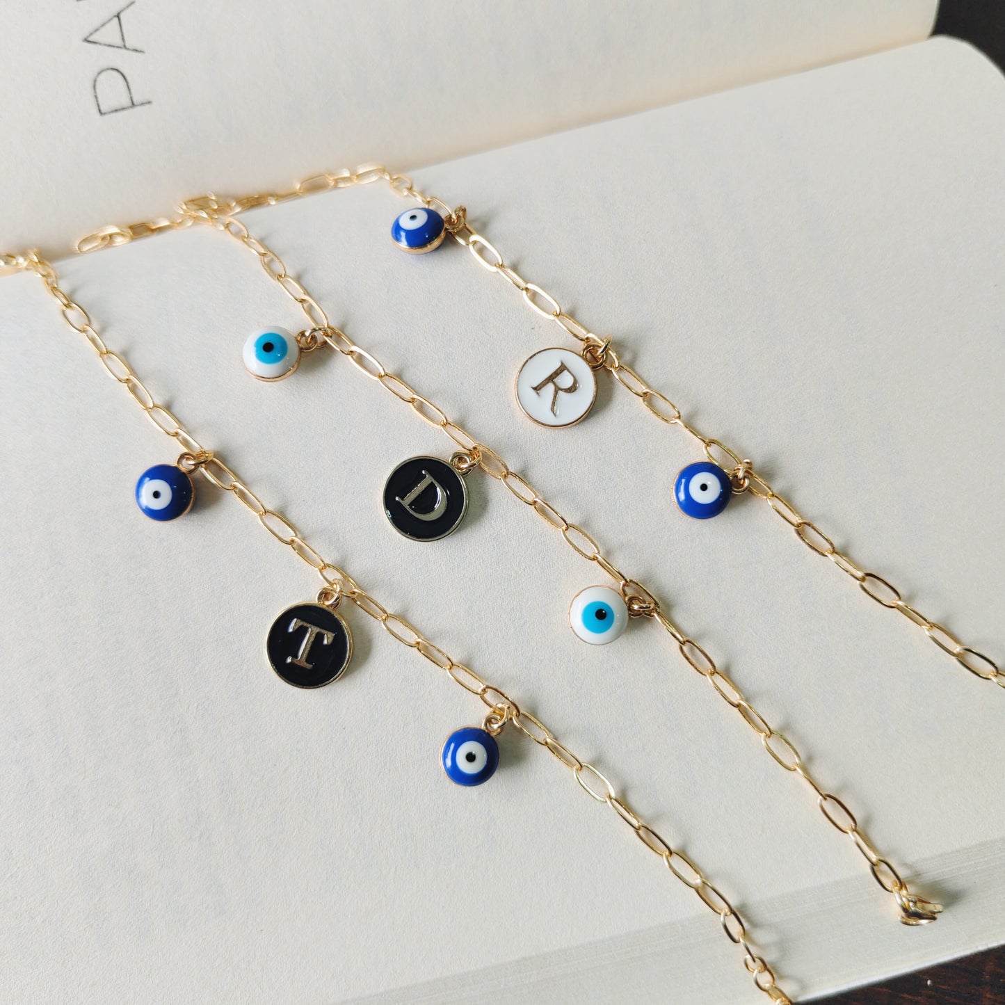 Personalized Initial Coin & Mini Evil Eye Paperclip Bracelet for Women & Kids