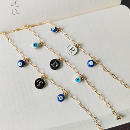 Personalized Initial Coin & Mini Evil Eye Paperclip Bracelet for Women & Kids