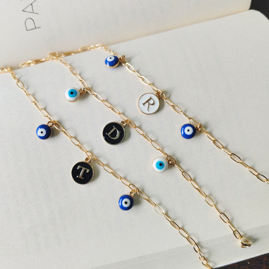 Personalized Initial Coin & Mini Evil Eye Paperclip Bracelet for Women & Kids