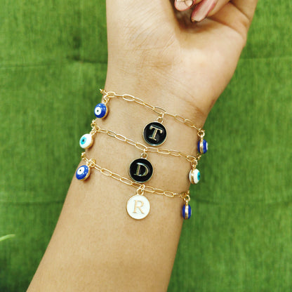 Personalized Initial Coin & Mini Evil Eye Paperclip Bracelet for Women & Kids