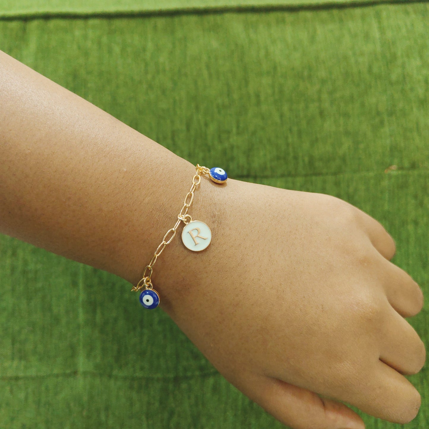 Personalized Initial Coin & Mini Evil Eye Paperclip Bracelet for Women & Kids