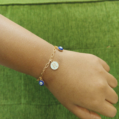 Personalized Initial Coin & Mini Evil Eye Paperclip Bracelet for Women & Kids