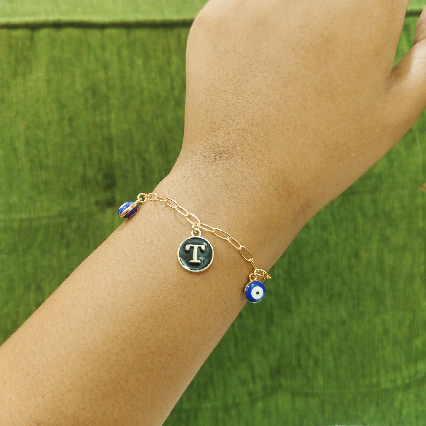 Personalized Initial Coin & Mini Evil Eye Paperclip Bracelet for Women & Kids