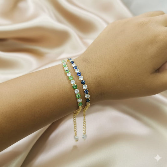 Dark Blue & Green Evil Eye American Diamond Tennis Bracelets for Women (Pack of 2)