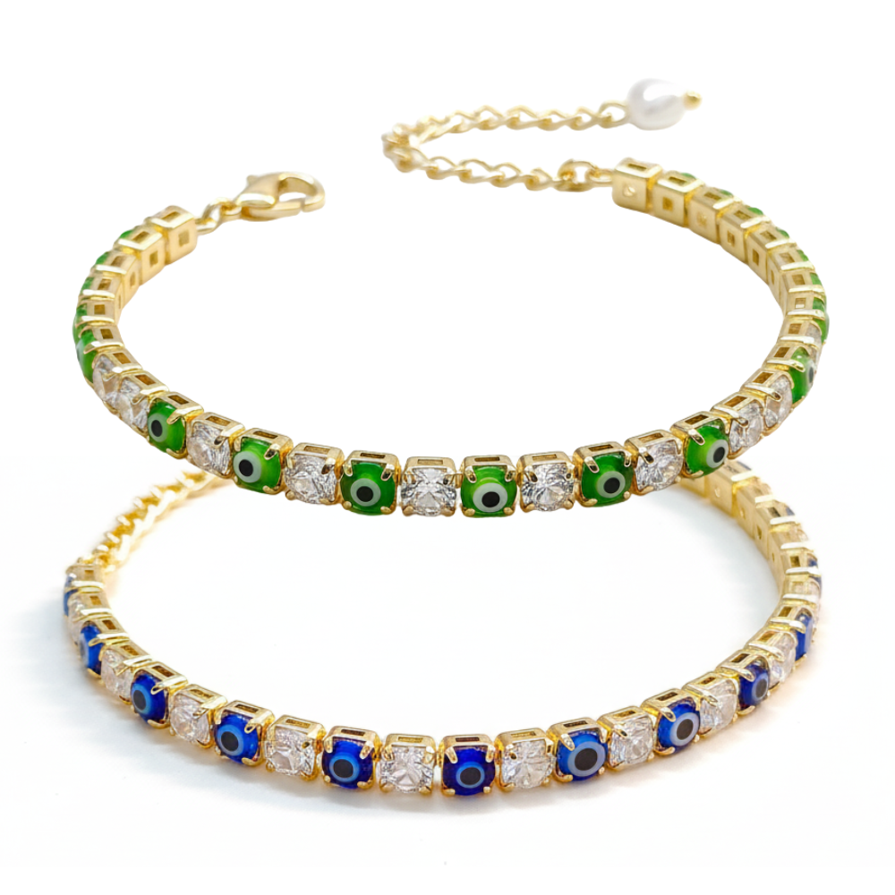 Dark Blue & Green Evil Eye American Diamond Tennis Bracelets for Women (Pack of 2)
