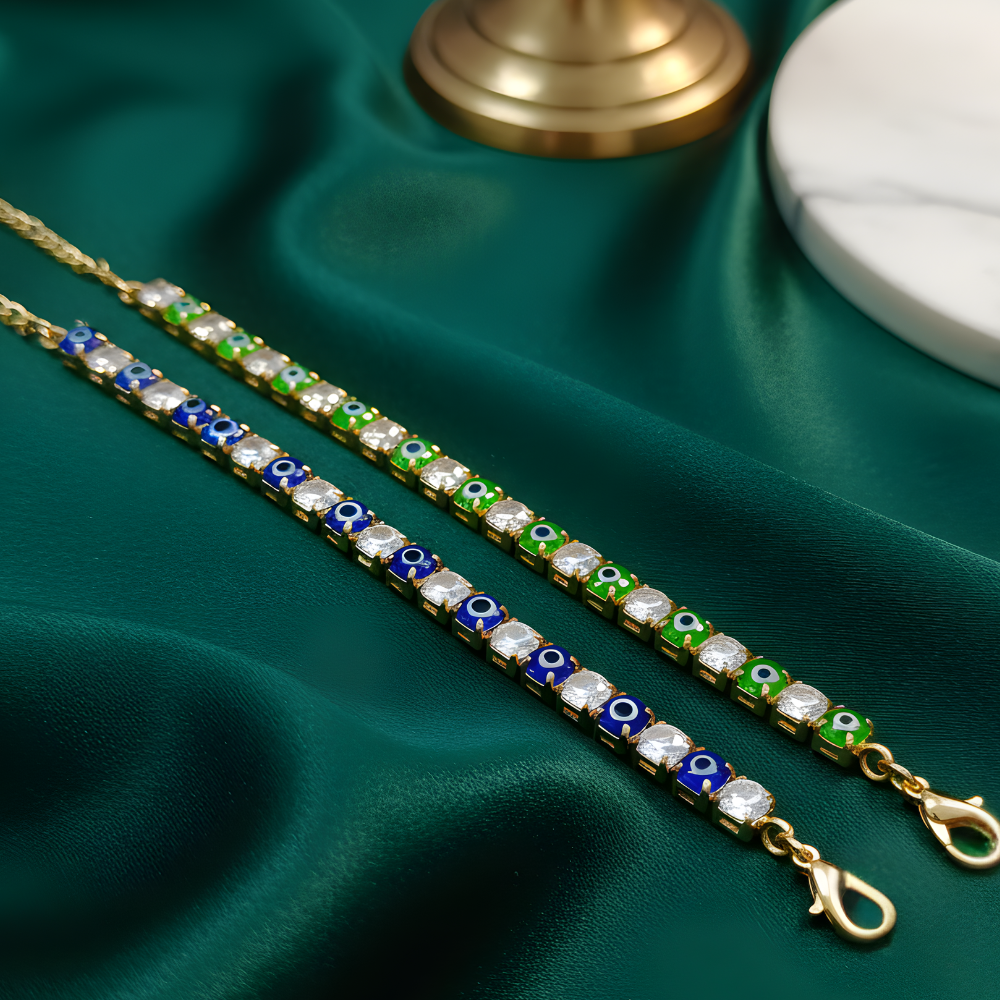 Dark Blue & Green Evil Eye American Diamond Tennis Bracelets for Women (Pack of 2)