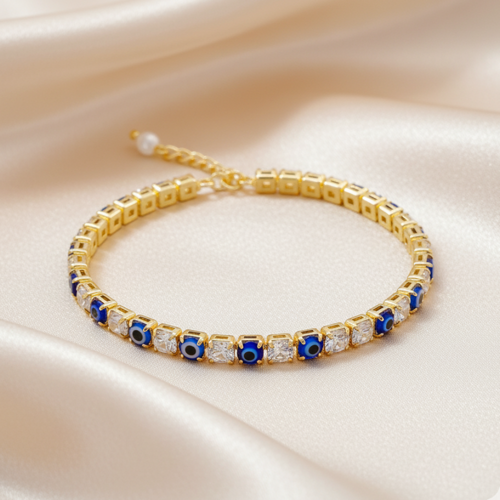 Dark Blue & Green Evil Eye American Diamond Tennis Bracelets for Women (Pack of 2)