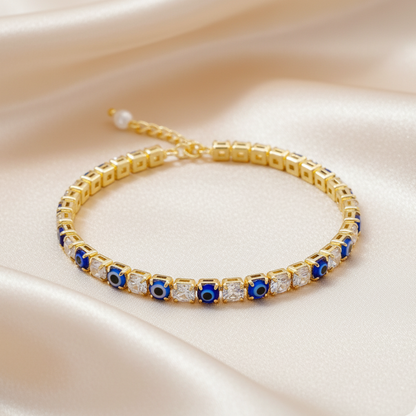 Dark Blue & Green Evil Eye American Diamond Tennis Bracelets for Women (Pack of 2)