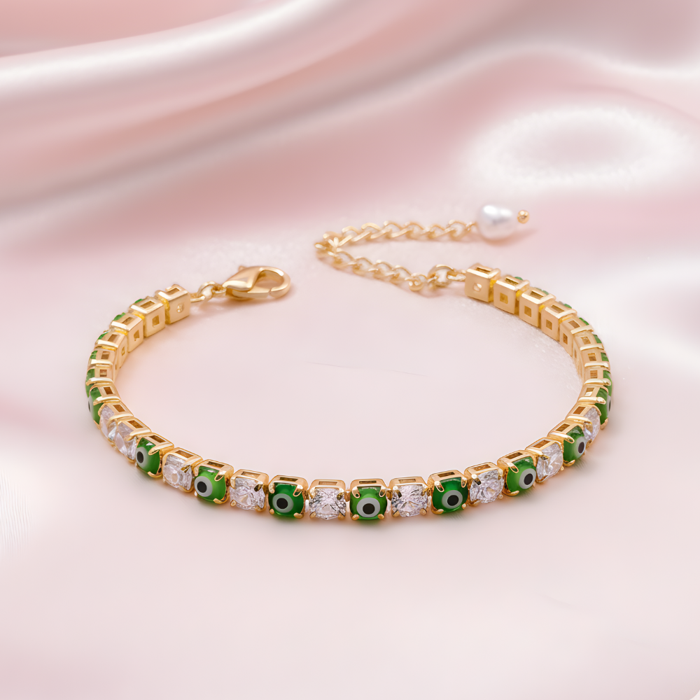 Dark Blue & Green Evil Eye American Diamond Tennis Bracelets for Women (Pack of 2)