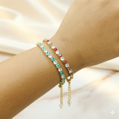Sky Blue & Red Evil Eye American Diamond Tennis Bracelets for Women (Pack of 2)