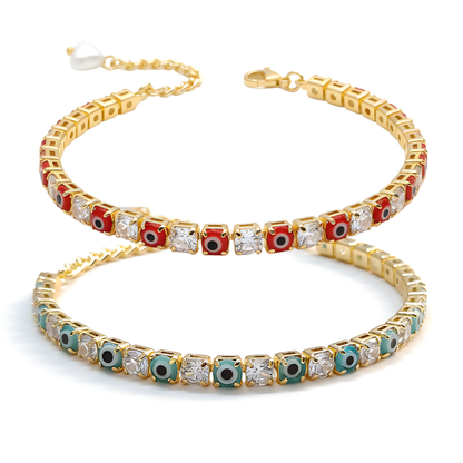Sky Blue & Red Evil Eye American Diamond Tennis Bracelets for Women (Pack of 2)