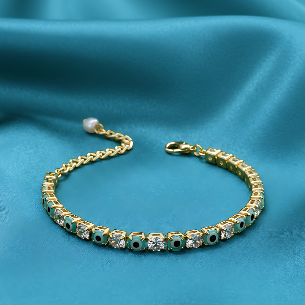 Sky Blue & Red Evil Eye American Diamond Tennis Bracelets for Women (Pack of 2)