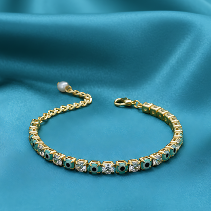 Sky Blue & Red Evil Eye American Diamond Tennis Bracelets for Women (Pack of 2)