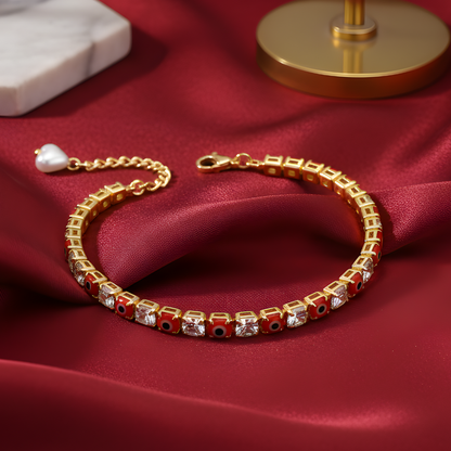 Sky Blue & Red Evil Eye American Diamond Tennis Bracelets for Women (Pack of 2)