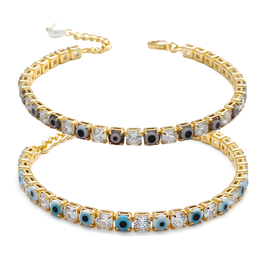 Maroon & White Evil Eye American Diamond Tennis Bracelets for Women (Pack of 2)