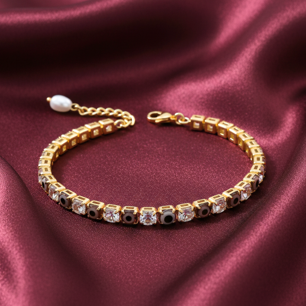 Maroon & White Evil Eye American Diamond Tennis Bracelets for Women (Pack of 2)