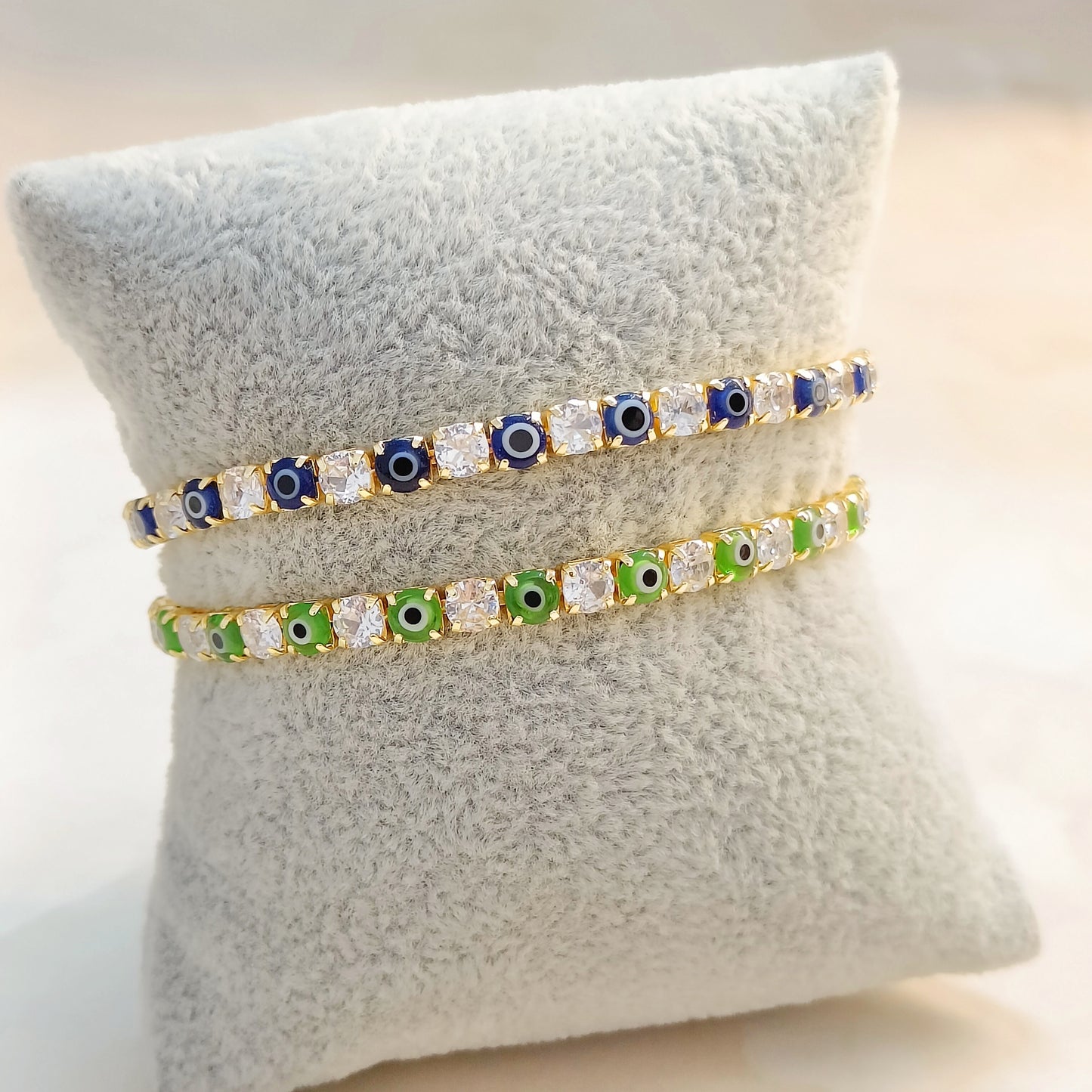 Dark Blue & Green Evil Eye American Diamond Tennis Bracelets for Women (Pack of 2)