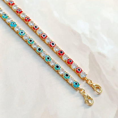 Sky Blue & Red Evil Eye American Diamond Tennis Bracelets for Women (Pack of 2)