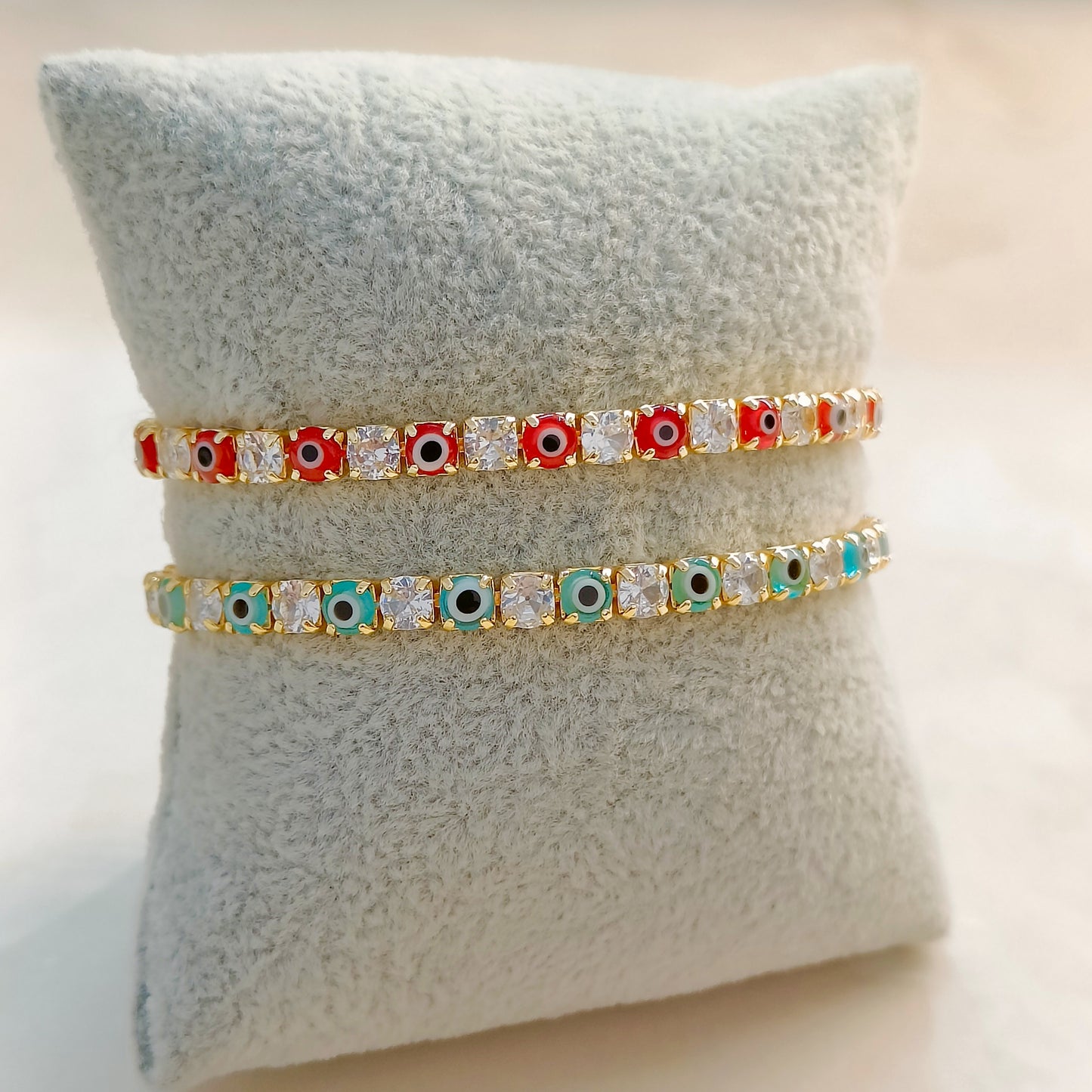Sky Blue & Red Evil Eye American Diamond Tennis Bracelets for Women (Pack of 2)
